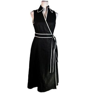 TALBOTS Sz 2 Womens Linen Black White Piping Fit & Flare Belted Dress